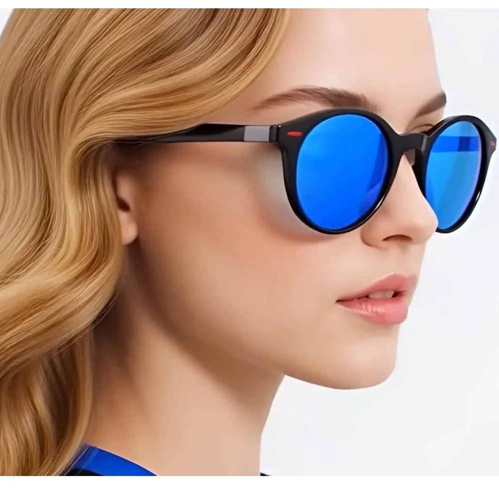Stylish Round Sunglasses Blue Mirrored Lenses Black Frame Women's‎ Polarized New
